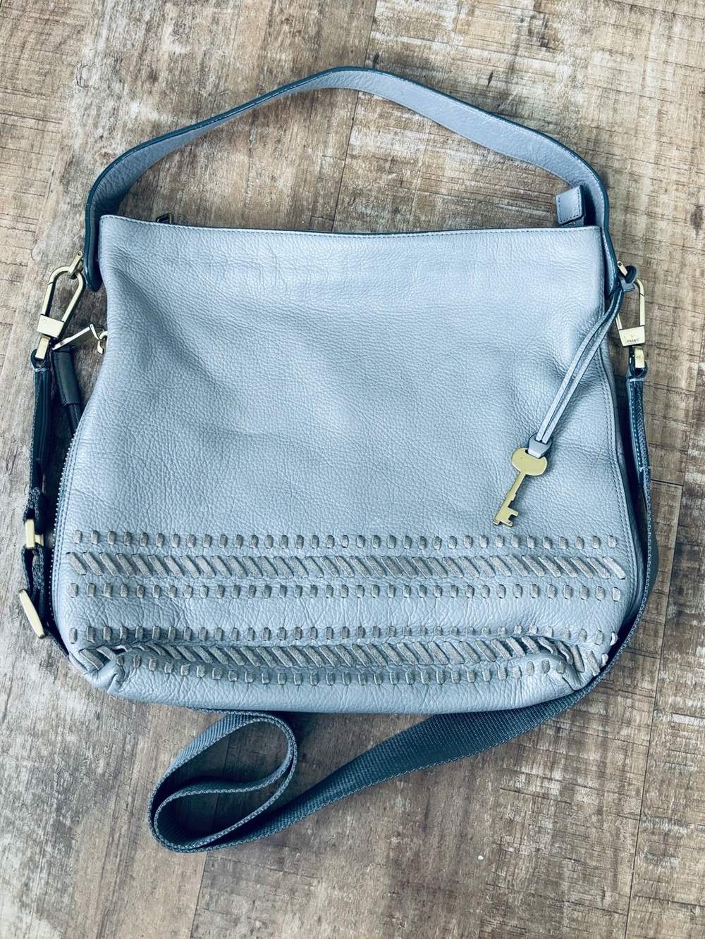 Fossil Grey Leather Maya Hobo purse bag gold hardware